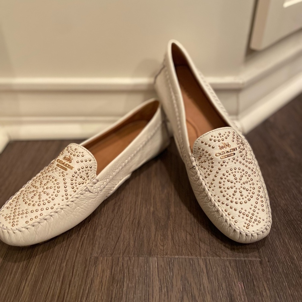 Coach Women's White & Gold Embellished Loafers